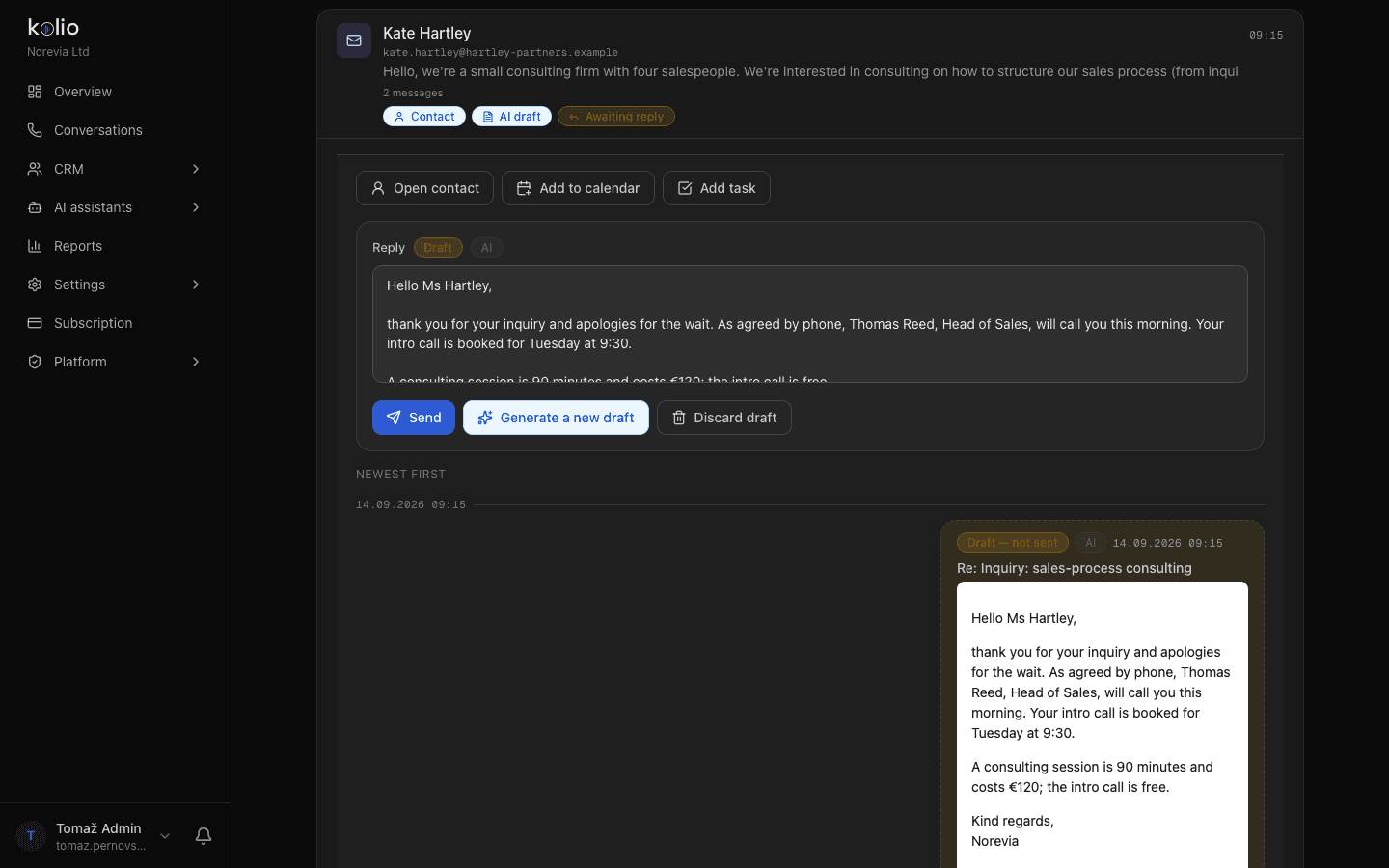 Kolio Email agent — an incoming customer message and an AI-drafted reply awaiting the team's review in Conversations