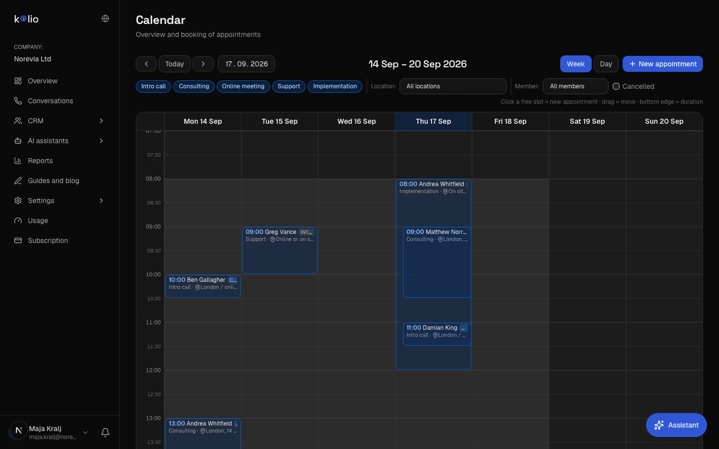 Kolio Calendar: week view of appointments at the demo company Norevia with several staff members — appointments booked by the AI agent and the team's manual entries in the same view