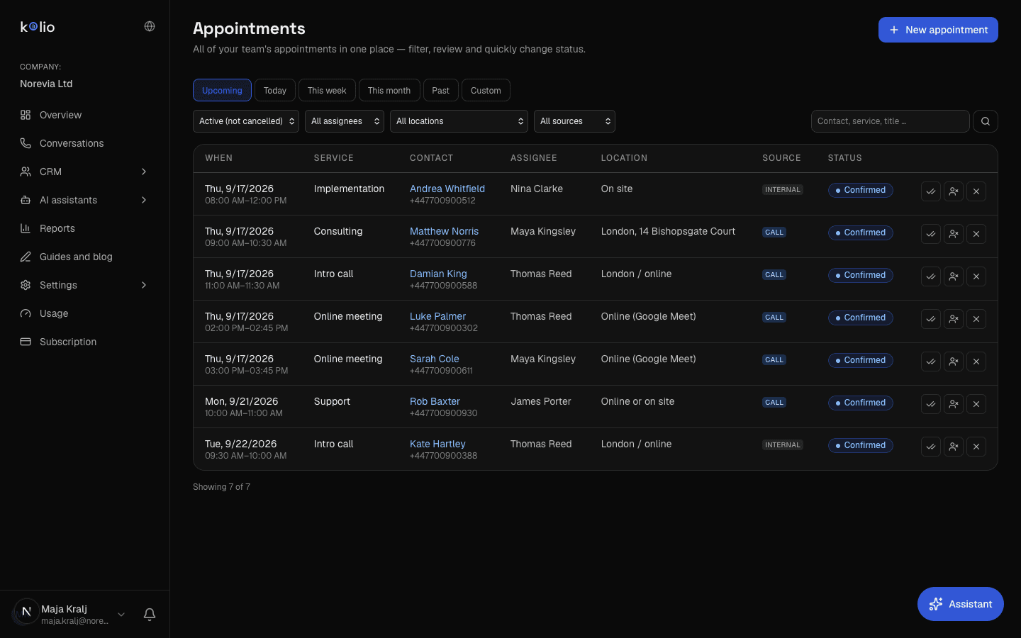 Kolio CRM → Appointments: the demo company Norevia's appointment list with filters by period, status, assignee, location and source and quick status actions