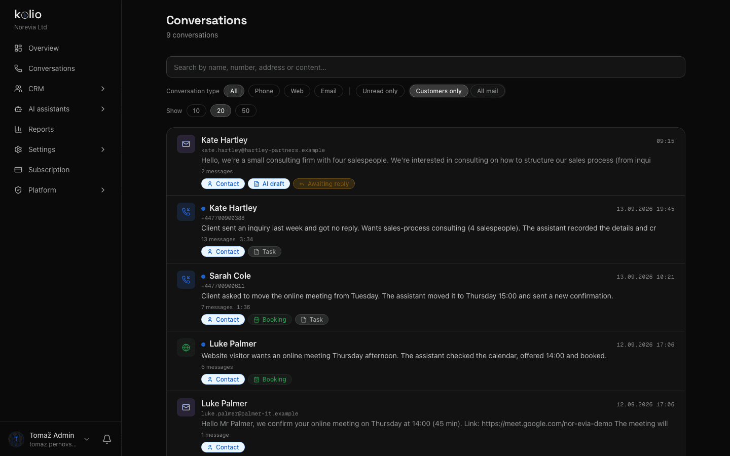 Kolio Conversations for the demo company Norevia: list of phone calls, web chats and emails handled by the AI agent — each conversation with a transcript, summary and linked CRM contact