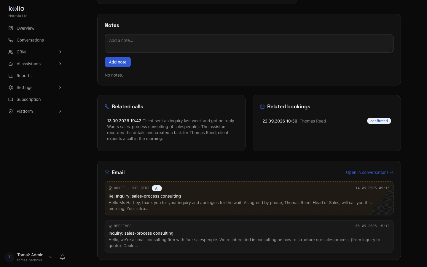 Kolio CRM — a customer's contact with linked calls, a confirmed appointment, a received email and the AI reply draft in one place