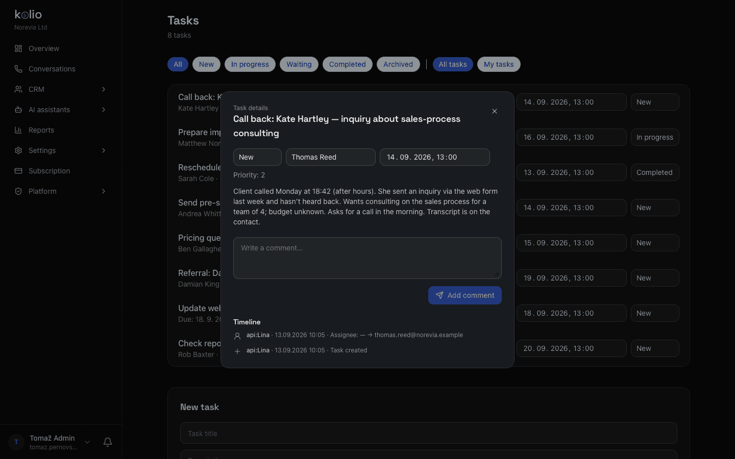 Kolio CRM — sales task created by the AI agent from a phone call: assignee, priority, due date, inquiry summary and timeline with the conversation transcript