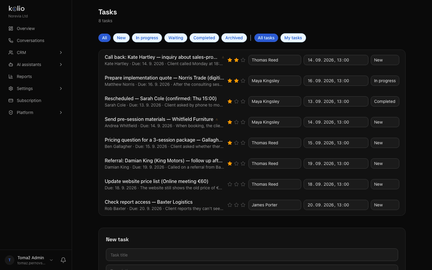 Kolio CRM — task list for your team with filters by status and assignee, star priority, assignee, due date and status of every task