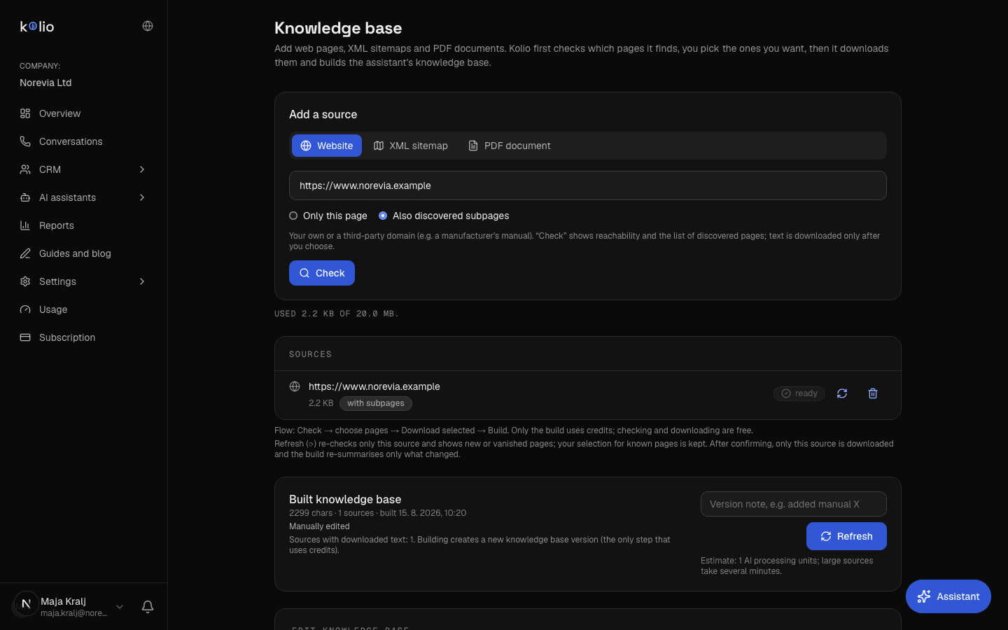Kolio knowledge base of the demo company Norevia: sources (website, PDF) and versions of the built knowledge for the AI agent
