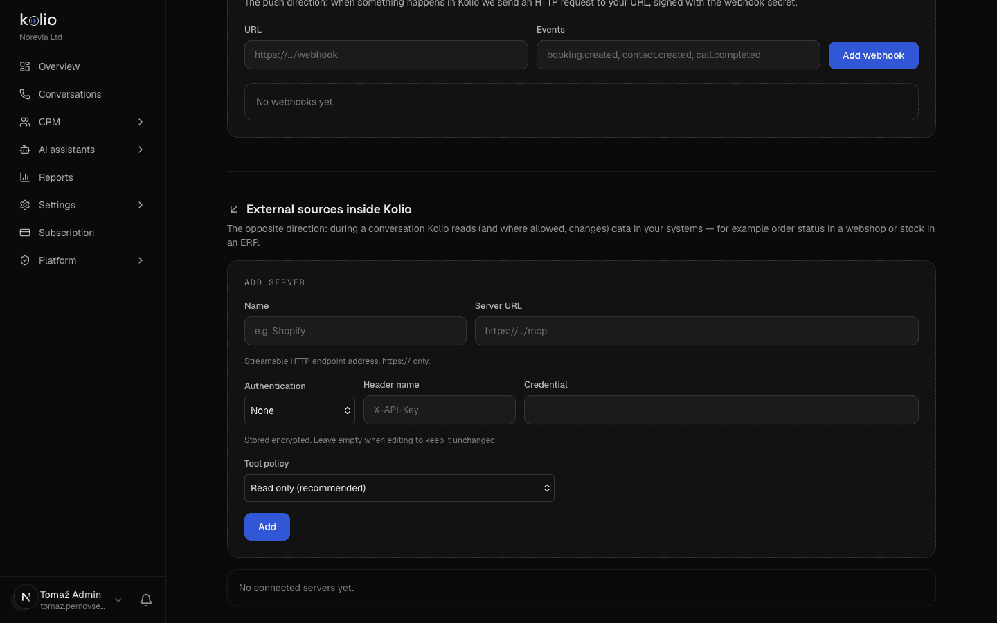 Kolio Settings → MCP sources and integrations: form for adding an MCP server (URL, authentication, credential) with the tool policy "Read only (recommended)" and the webhooks section with the events booking.created and contact.created