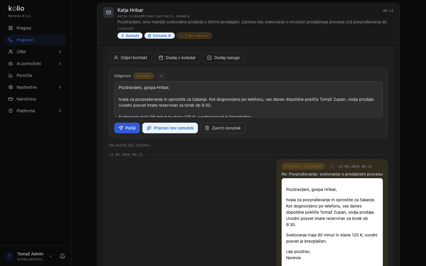 Kolio AI e-poštni pomočnik — prejeto sporočilo stranke in osnutek odgovora, ki ga je pripravil AI in čaka na pregled ekipe v Pogovorih