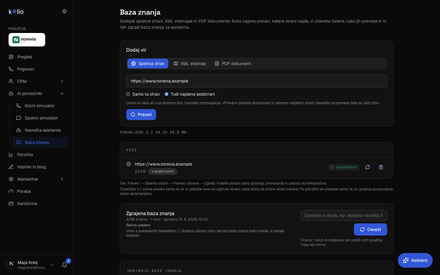 Kolio — Baza znanja v demo podjetju Norevia: vir spletna stran ali PDF dokument (največ 20 MB skupaj), zgrajena baza znanja z gumbom Osveži in ročno urejanje vsebine z zgodovino verzij