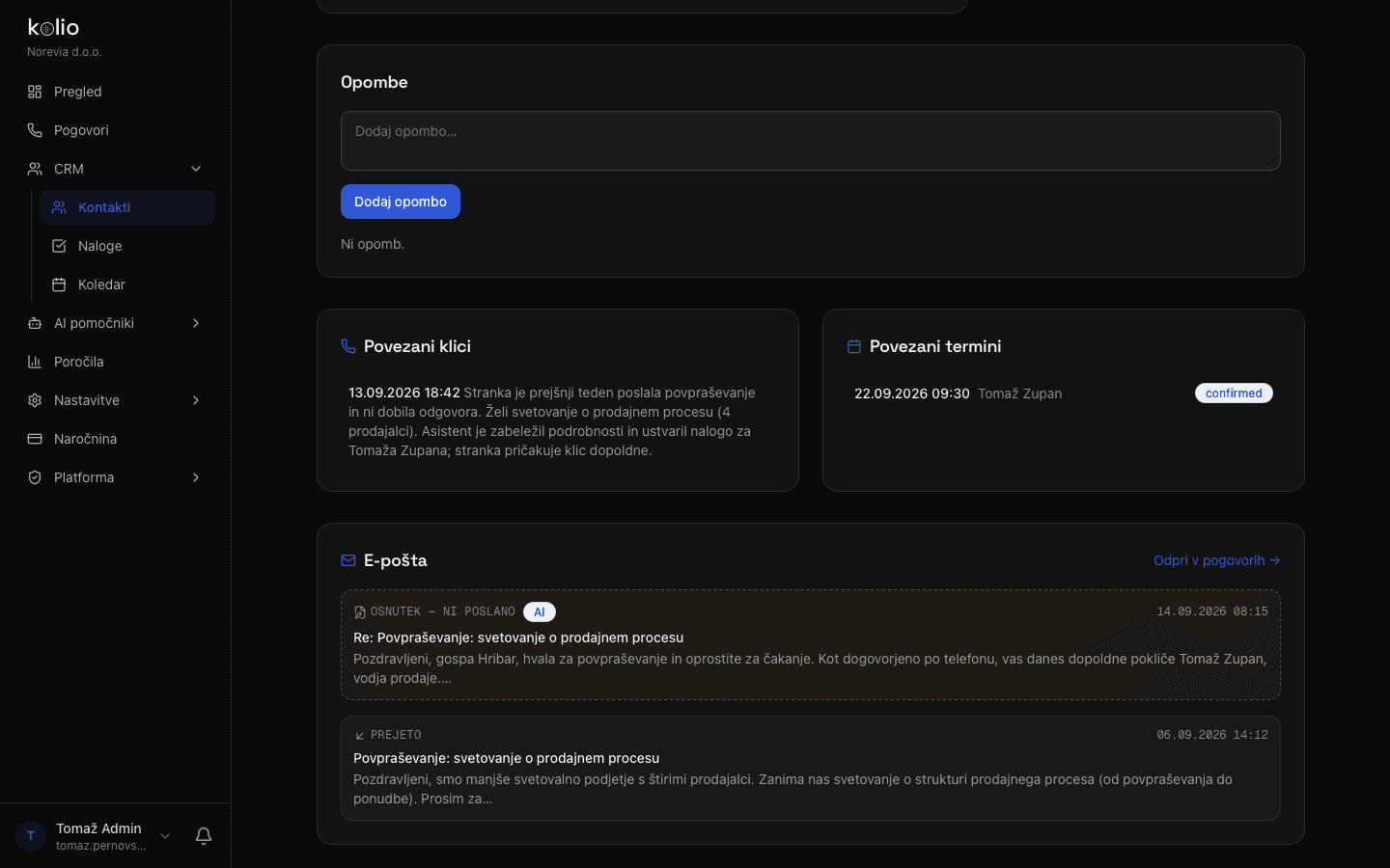 Kolio CRM — kontakt stranke s povezanimi klici, potrjenim terminom, prejeto e-pošto in AI osnutkom odgovora na enem mestu